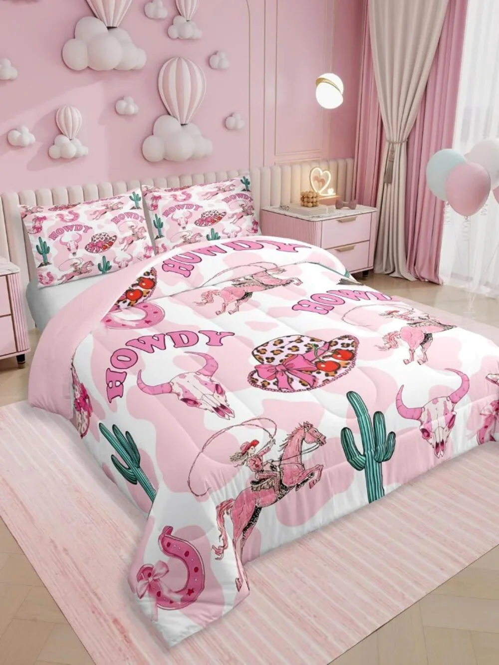 Pink Western Twin Comforter Set,Cowgirl Boots Hats Bows Bedding Sets for Girls K